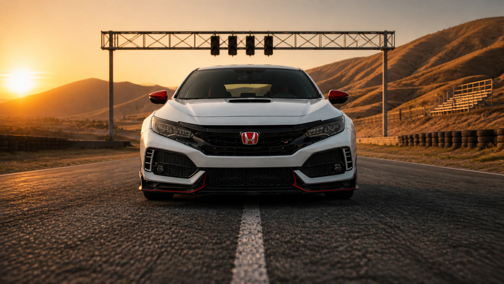 Honda preparado frente a la grilla de largada al atardecer