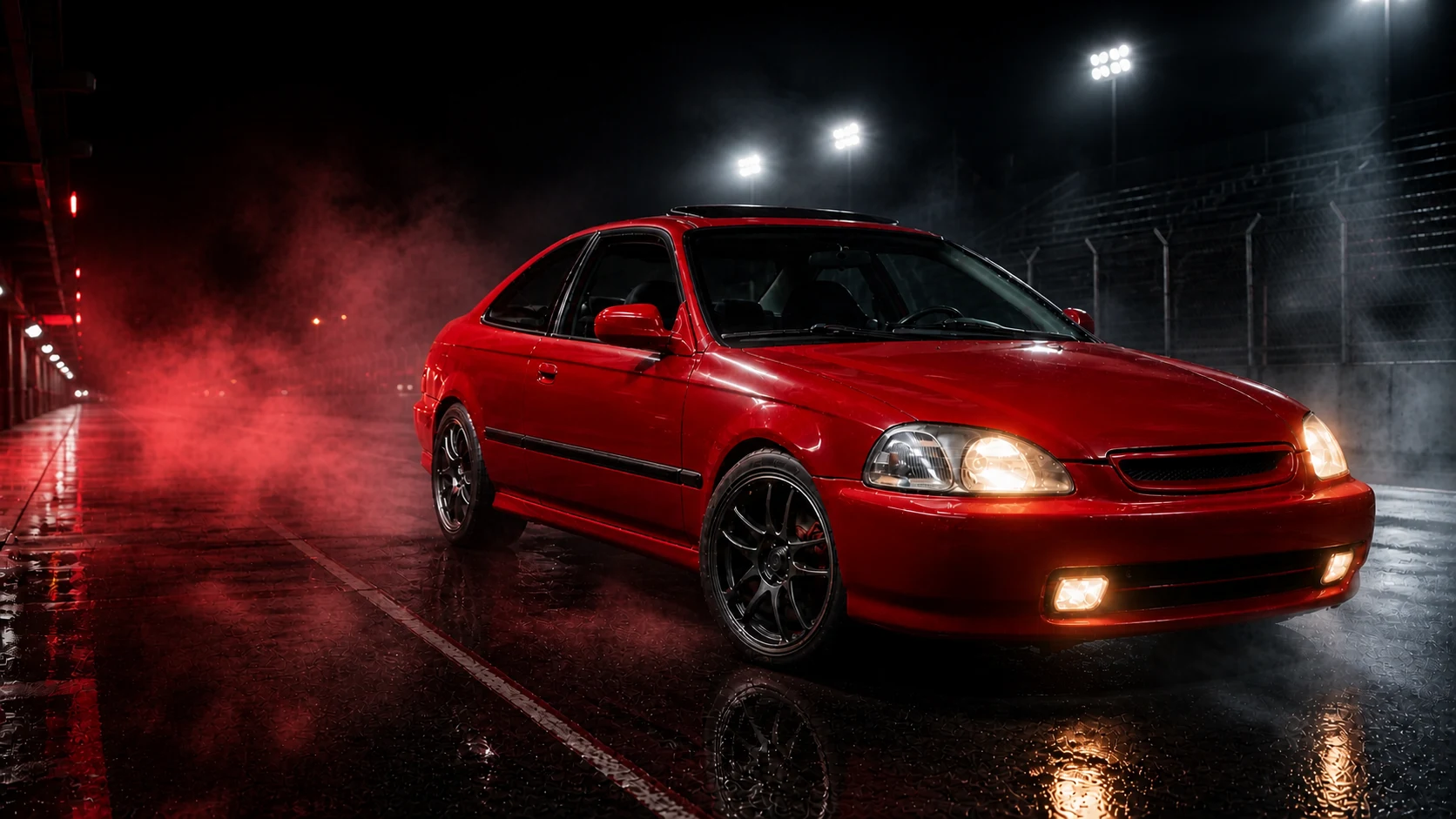 Recreación promocional del Honda rojo del sorteo en una grilla nocturna